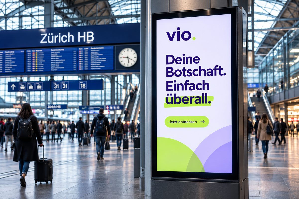 Digitaler Werbescreen von vio in der Halle des Zürcher Hauptbahnhofs